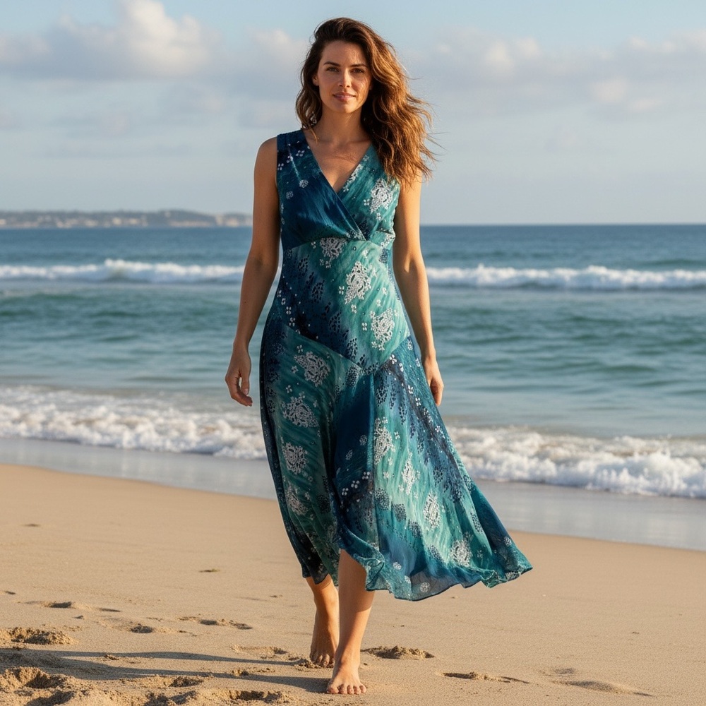 Sleeveless Shades of Teal Fairy Patchwork Maxi Dress Size 14